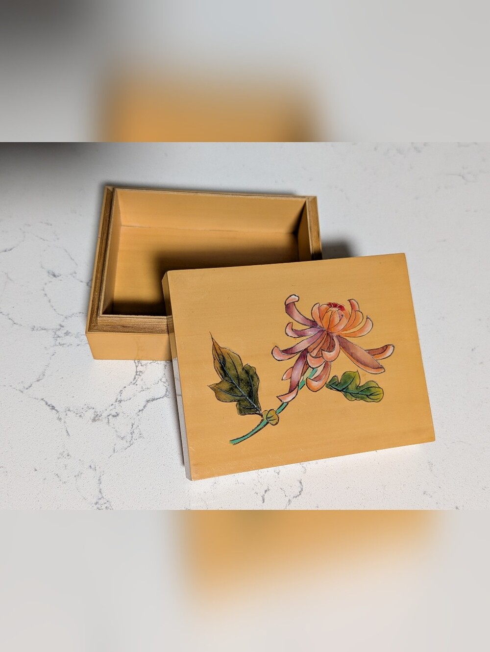 HNA Hand-Painted Floral Wooden Keepsake Box - Mustard Yellow